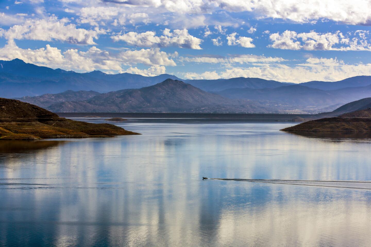 Low water level in Diamond Valley Lake reservoir shows a "bath tub ring."