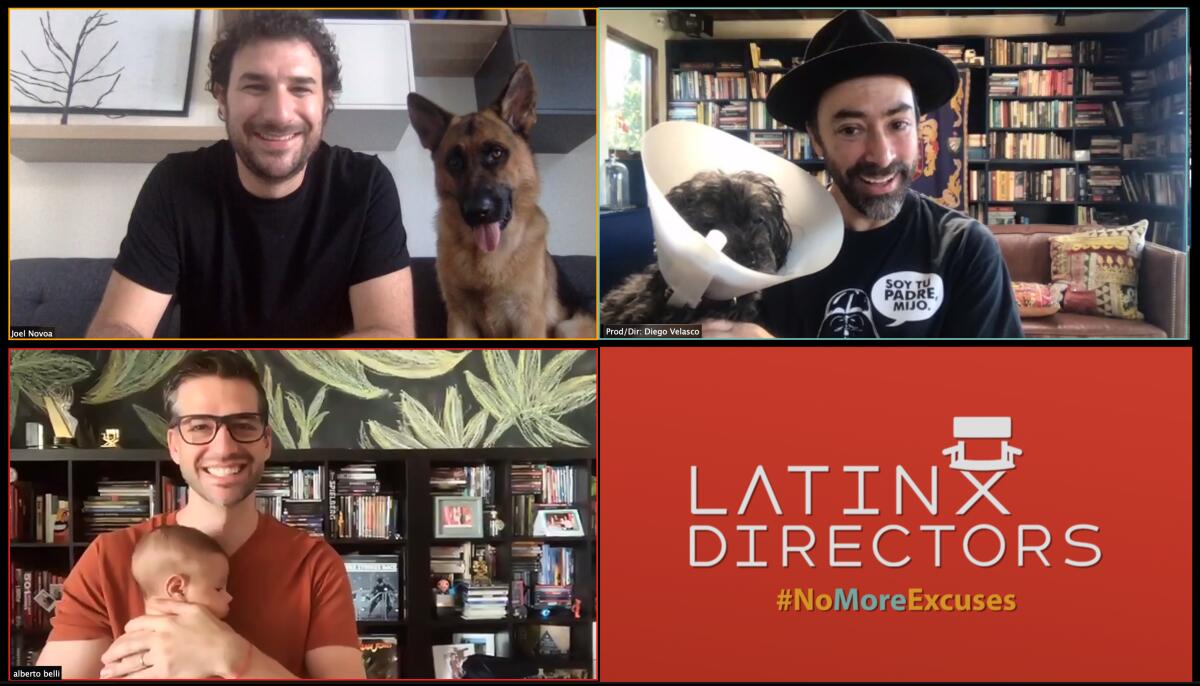 Directors Joel Novoa, Diego Velasco and Alberto Belli pose with their dogs and babies over Zoom.