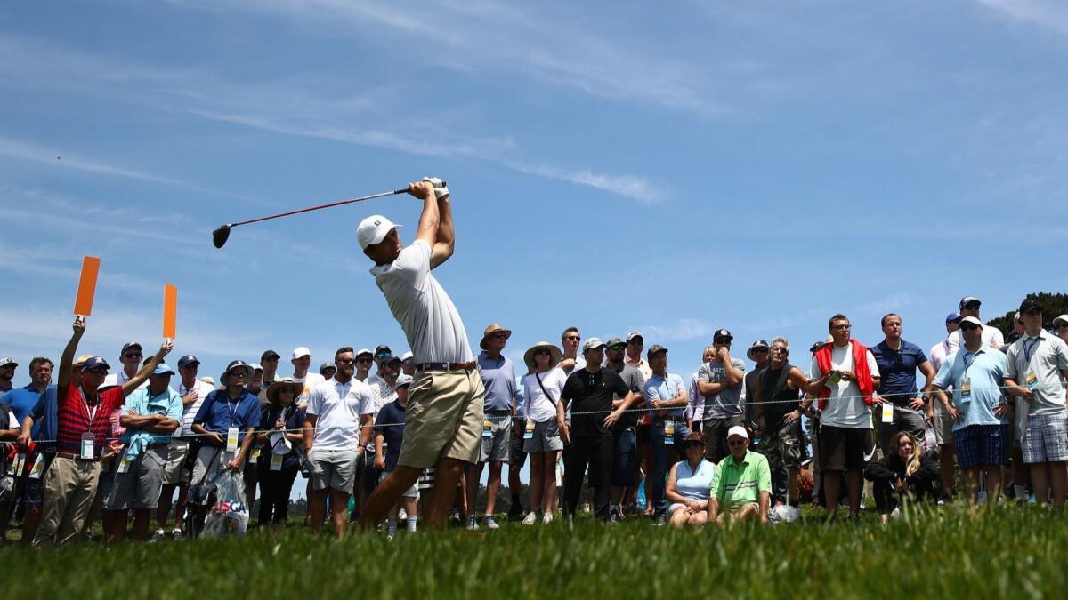 Amateur Stewart Hagestad plays a shot from the ninth tee during a practice round for the U.S. Open at Pebble Beach Golf Links on June 10.