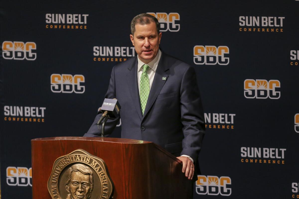 Marshall University interim director of athletics Jeff O'Malley speaks during a press conference about joining the Sun Belt Conference, Monday, Nov. 1, 2021, in Huntington, W.Va. (Ryan Fischer/The Herald-Dispatch via AP)