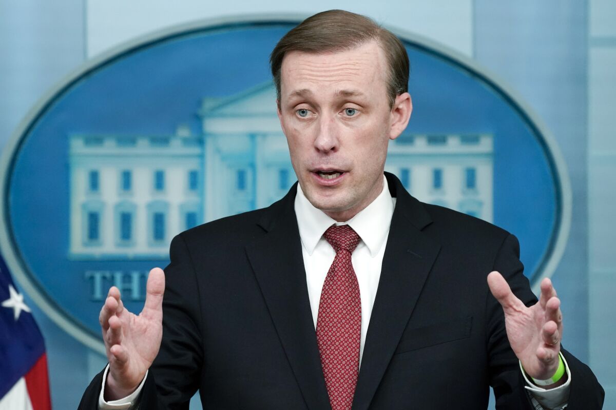 White House national security adviser Jake Sullivan speaks during a press briefing at the White House, Feb. 11, 2022, in Washington. President Biden is sending his national security adviser for talks with a senior Chinese official in Rome on Monday, March 14, 2022. The meeting comes as concerns grow that China is amplifying Russian disinformation in the Ukraine war. Last week the White House accused Beijing of spreading false Russian claims that Ukraine was running chemical and biological weapons labs with U.S. support. The White House says talks between national security adviser Jake Sullivan and senior Chinese foreign policy adviser Yang Jiechi will center on “efforts to manage the competition between our two countries and discuss the impact of Russia’s war against Ukraine on regional and global security." (AP Photo/Manuel Balce Ceneta)