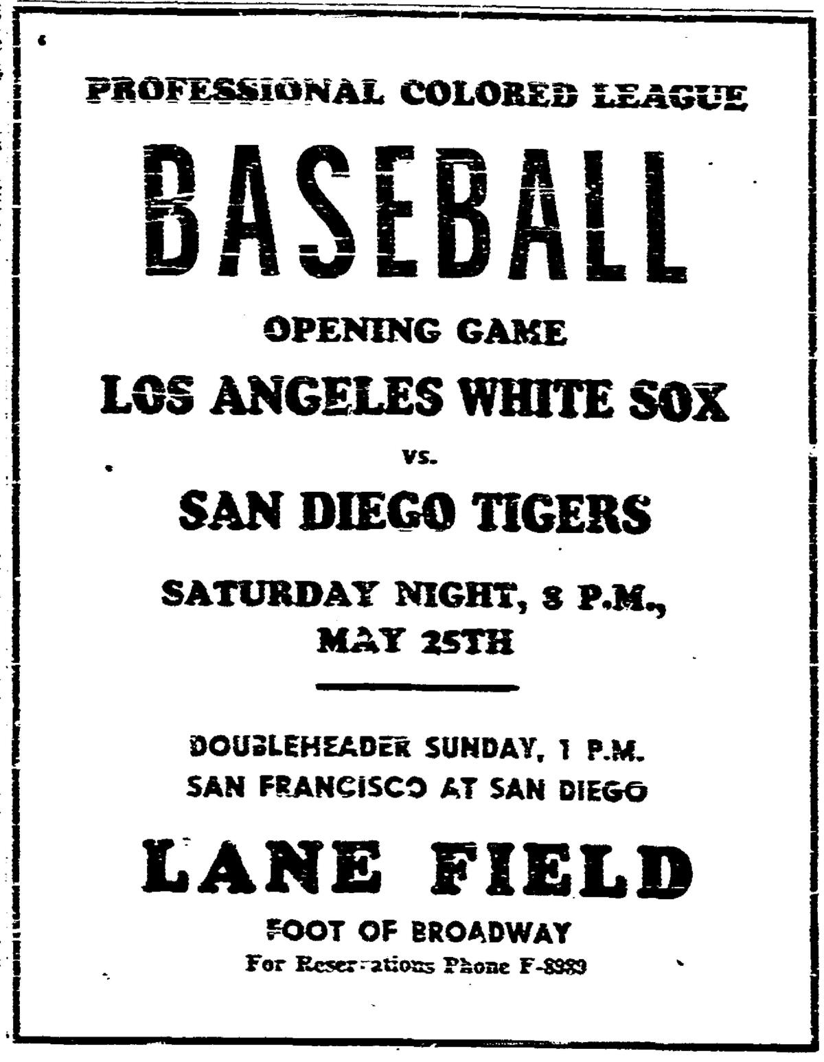 This San Diego Union ad from 1946 touts the San Diego Tigers' home opener against the Los Angeles White Sox.