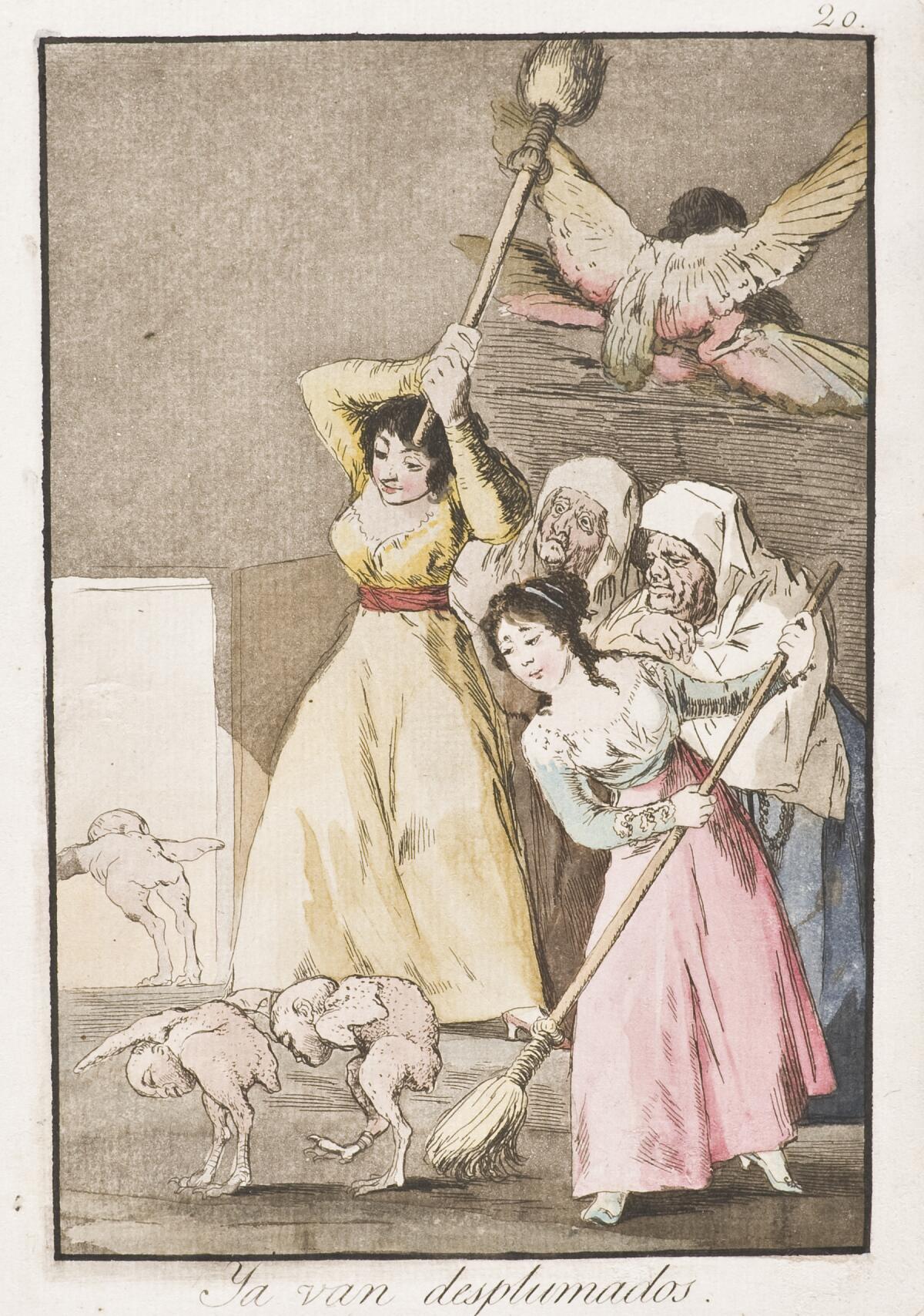 In a Francisco de Goya etching from 1799 titled "There They Go Plucked (i.e. Fleeced)," women look at bird-like creatures.