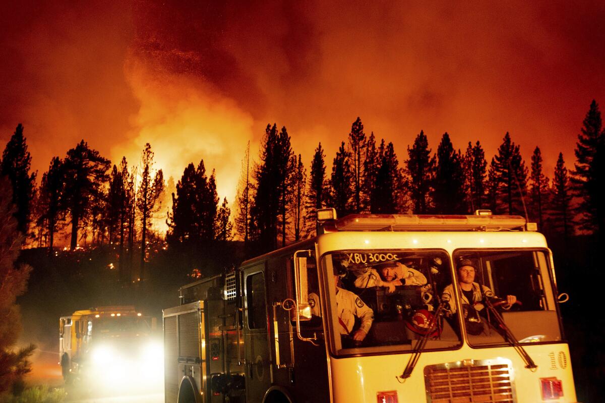 Firefighters drive in firetrucks as a forest fire burns in the background