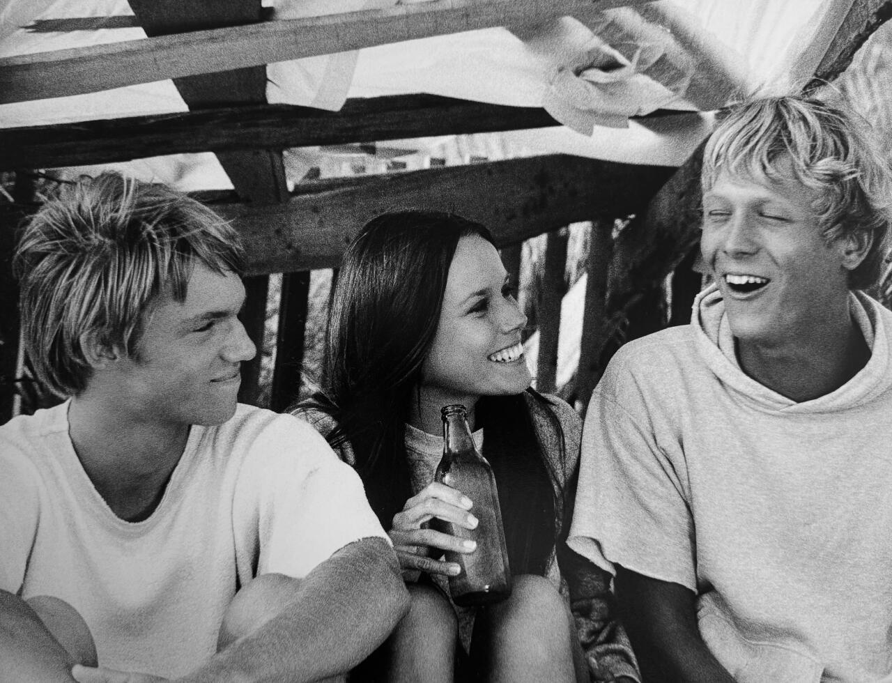 Three people lift a seagull on the beach.