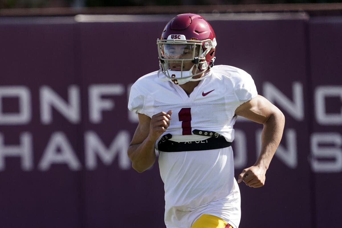 USC defensive back Domani Jackson warms up during spring practice.
