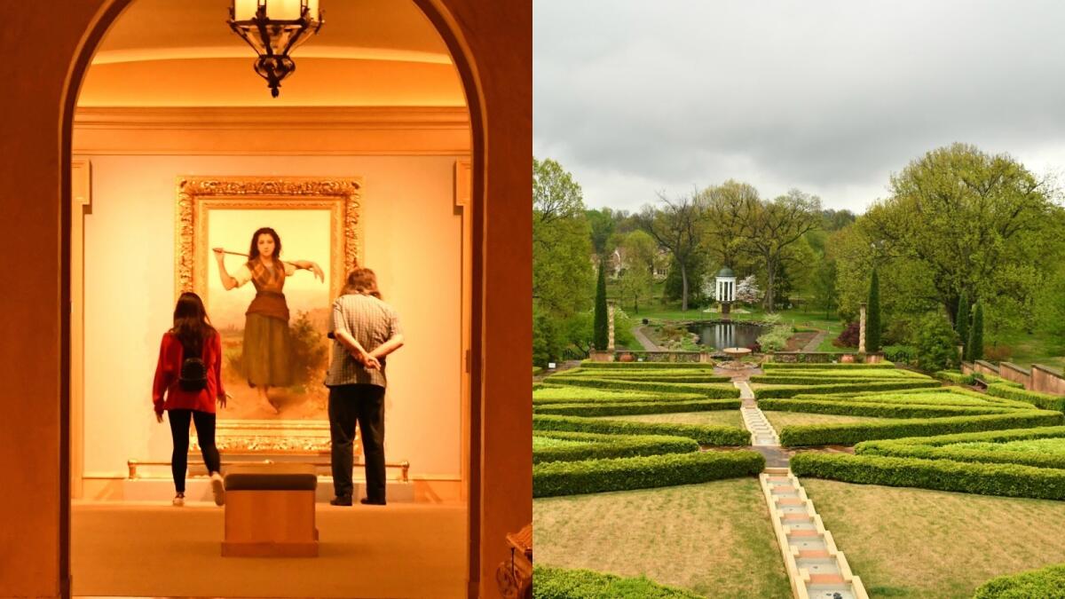 Tulsa's Philbrook Museum of Art includes Bouguereau's painting "The Shepherdess," left, and extensive gardens, right.