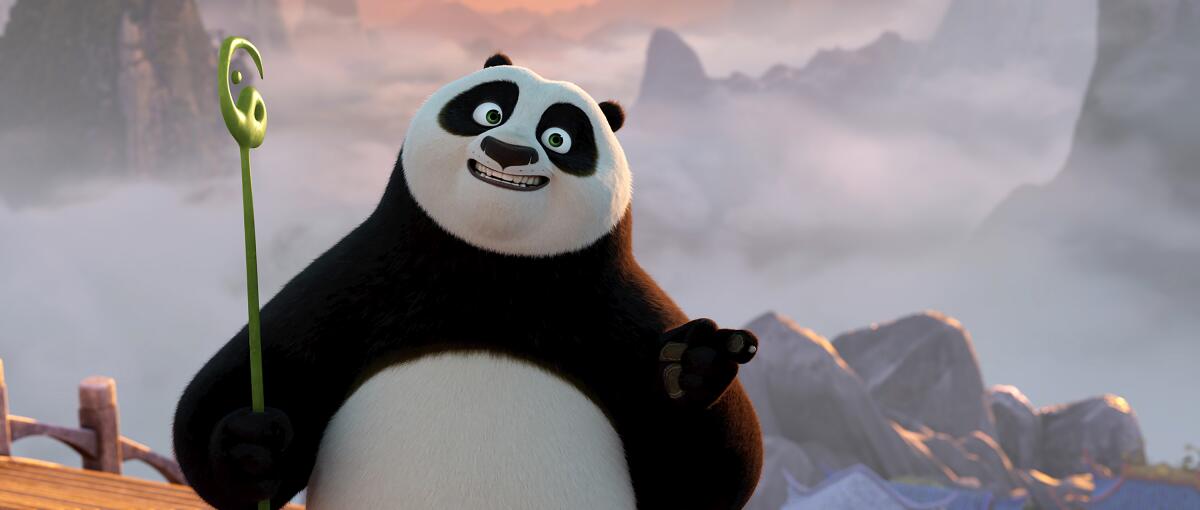 The animated panda Po shrugs with a sheepish grin