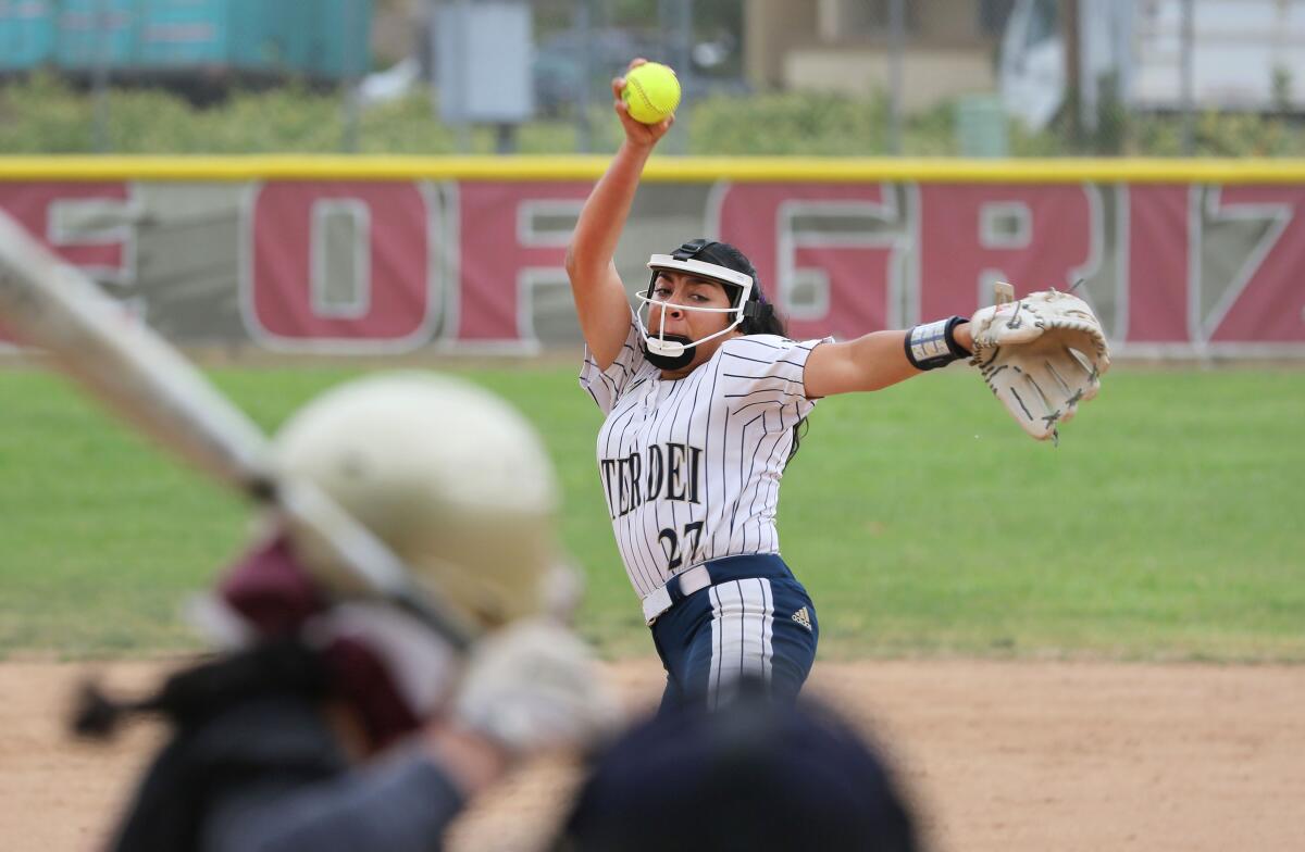 Mater Dei Catholic pitcher Gisselle Garcia fires to the plate against Mission Hills on Monday.