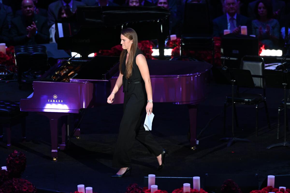 Sabrina Ionescu walks off stage after speaking at Kobe and Gianna Bryant's memorial service at Staples Center on Monday.