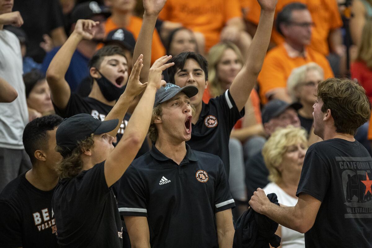 Huntington Beach fans celebrate during a Surf League match against Los Alamitos on Tuesday.