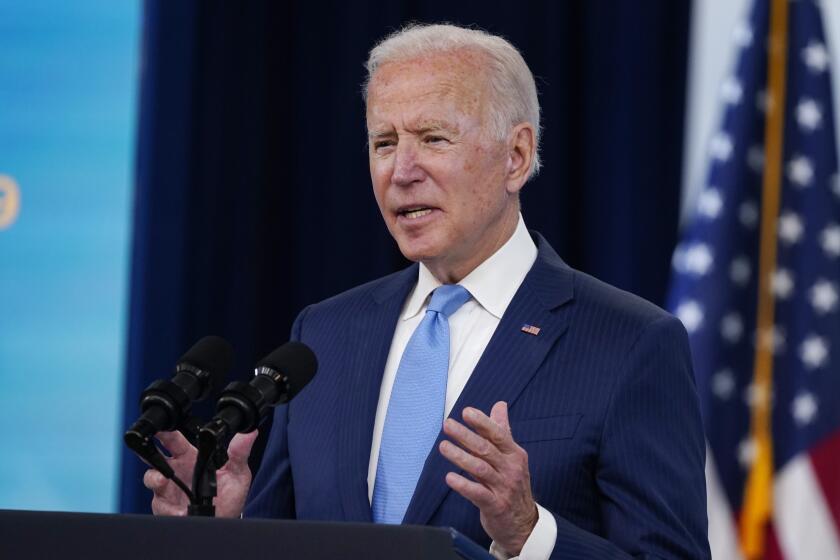President Joe Biden delivers remarks in the South Court Auditorium on the White House campus.