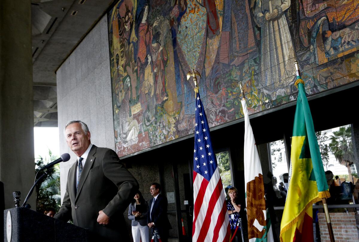 The Honorable James K. Hahn speaks during the James K. Hahn City Hall East naming ceremony in Los Angeles.