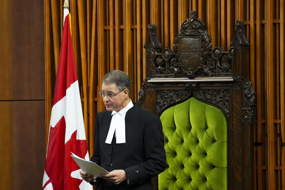 Speaker of the House of Commons Anthony Rota delivers a speech.