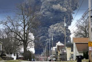 FILE - A plume rises over East Palestine, Ohio, as a result of the controlled detonation of a portion of the derailed Norfolk Southern trains, Feb. 6, 2023. After the catastrophic train car derailment in East Palestine, Ohio, some officials are raising concerns about a type of toxic substance that tends to stay in the environment. (AP Photo/Gene J. Puskar, File)