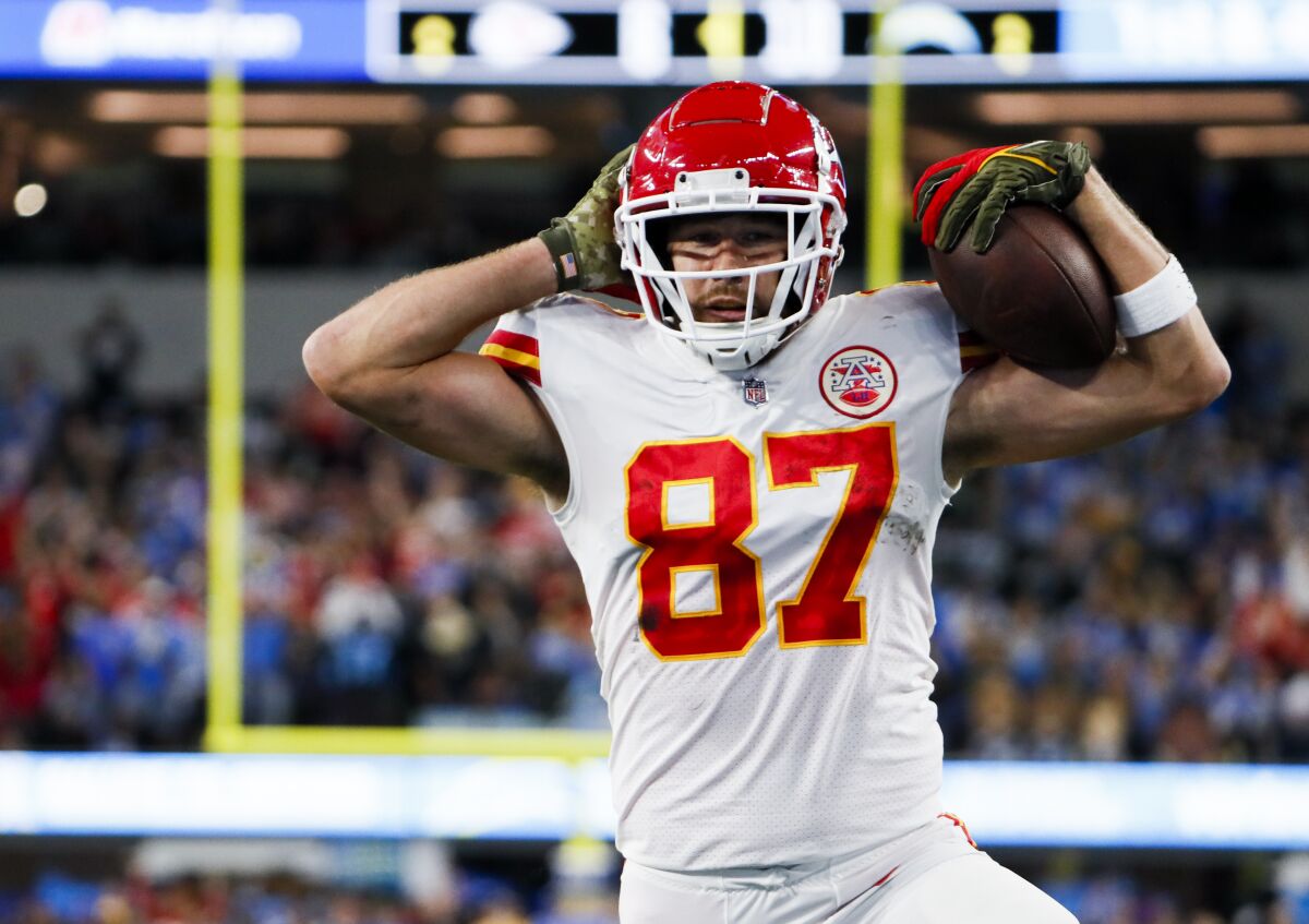 Kansas City Chiefs tight end Travis Kelce (87) celebrates his touchdown against the Chargers in November.
