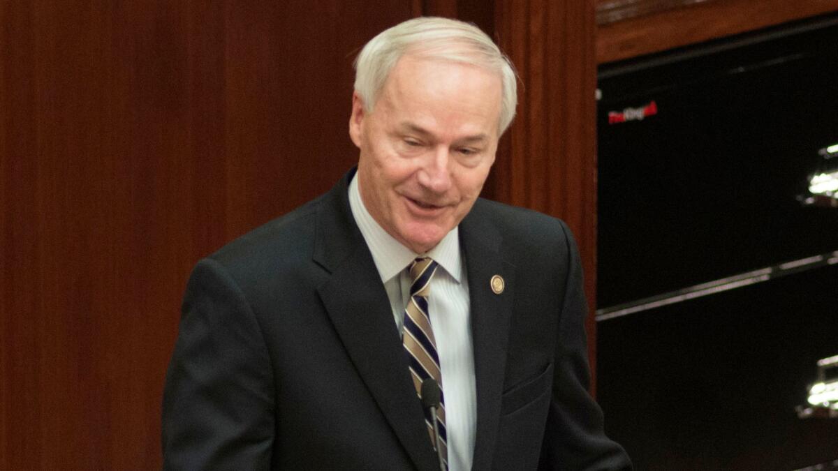 Gov. Asa Hutchinson addresses the Arkansas Legislature in Little Rock on Jan. 10, 2017.