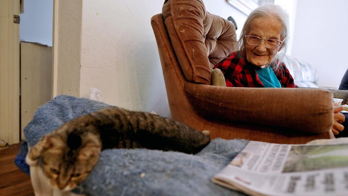 Janet Knoy, 85, with her cat, Crinkles, recently moved from this Anaheim apartment to Desert Hot Springs.