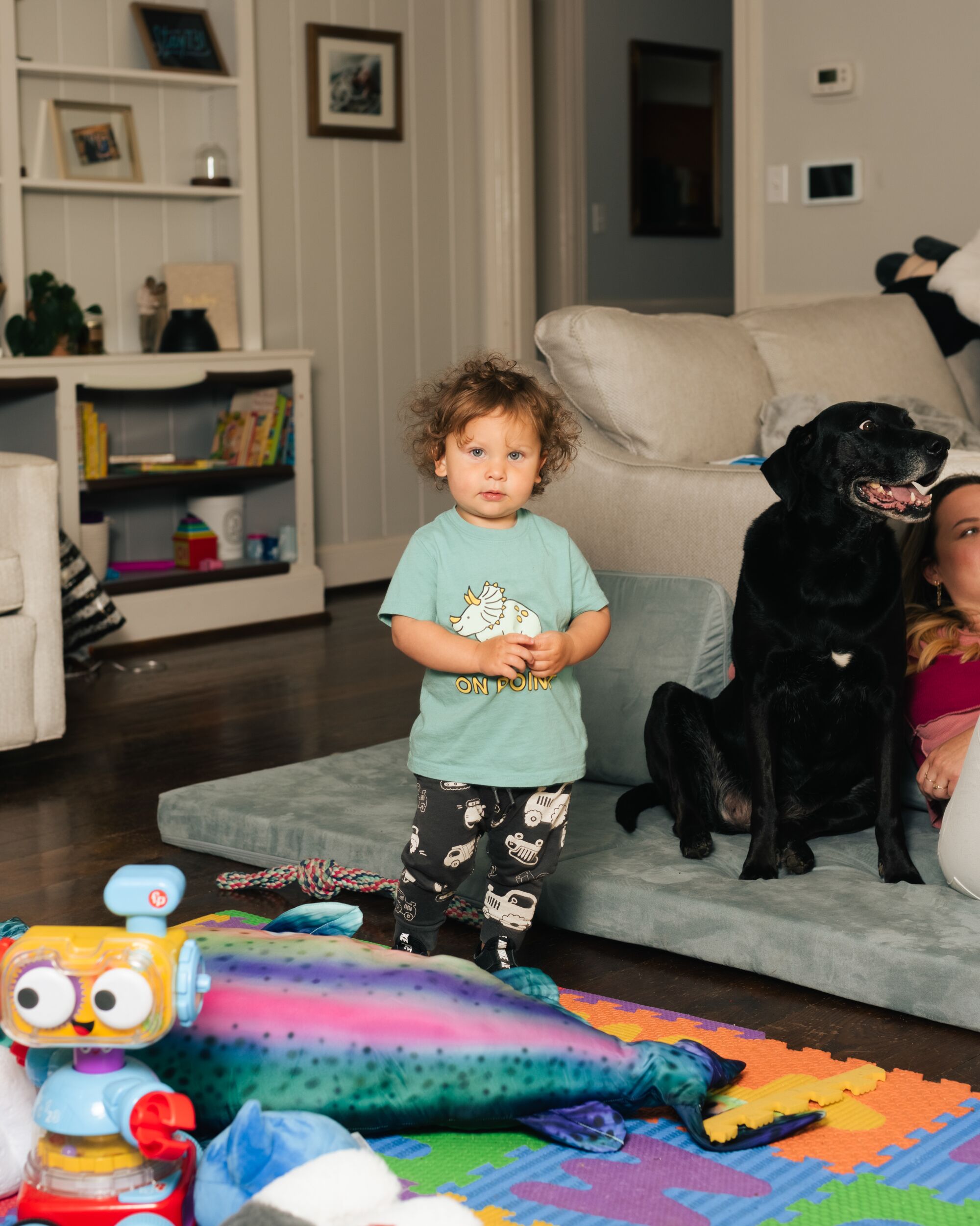 A toddler stands next to a dog and toys.