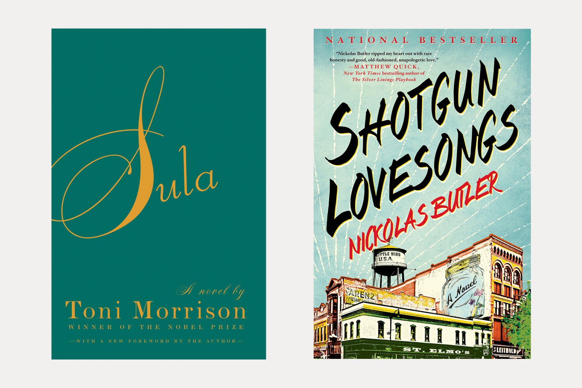 İki kitap kapağı: Toni Morrison'dan Sula ve Nickolas Butler'dan Shotgun Lovesongs