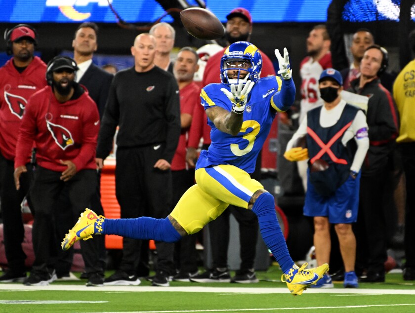 Rams receiver Odell Beckham Jr. makes a catch along the sidelines against the Cardinals in their NFC wild-card playoff game.