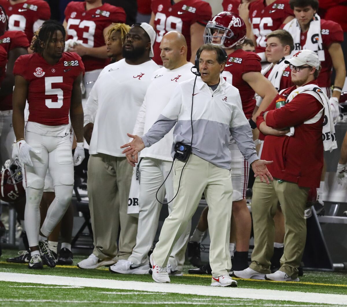 Alabama head coach Nick Saban reacts on the sidelines during the 4th quarter as Georgia drives for a touchdown to take control of the game in the College Football Playoff Championship game on Monday, Jan. 10, 2022, in Indianapolis. (Curtis Compton/Atlanta Journal-Constitution via AP)