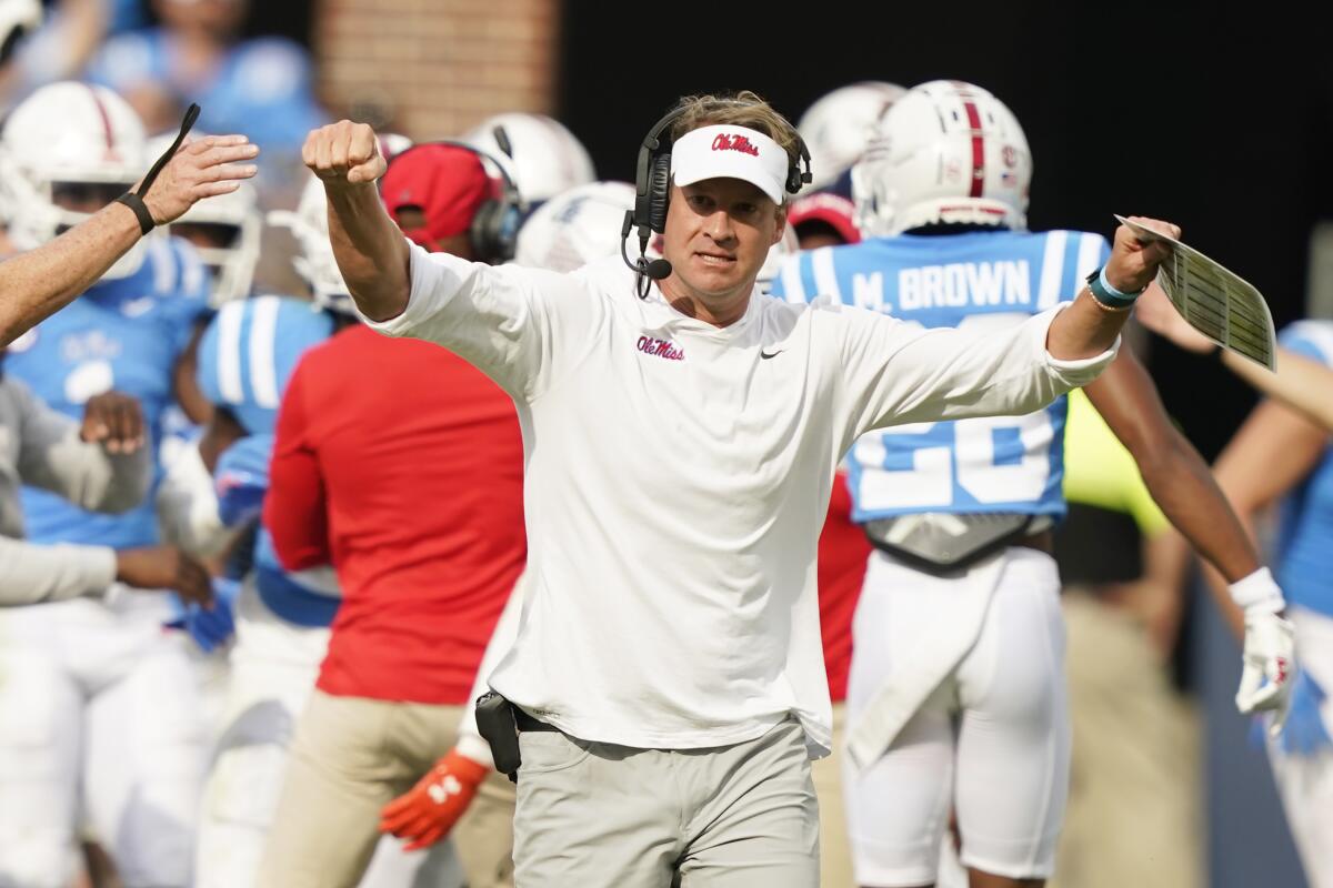 Mississippi coach Lane Kiffin reacts to an interception during a win over Auburn on Oct. 15.