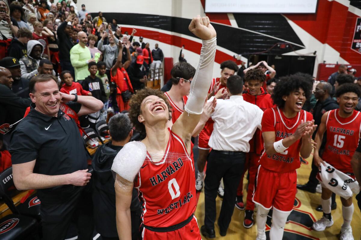 Harvard-Westlake point guard Trent Perry thrusts his left arm overhead in celebration after a win over Corona Centennial.