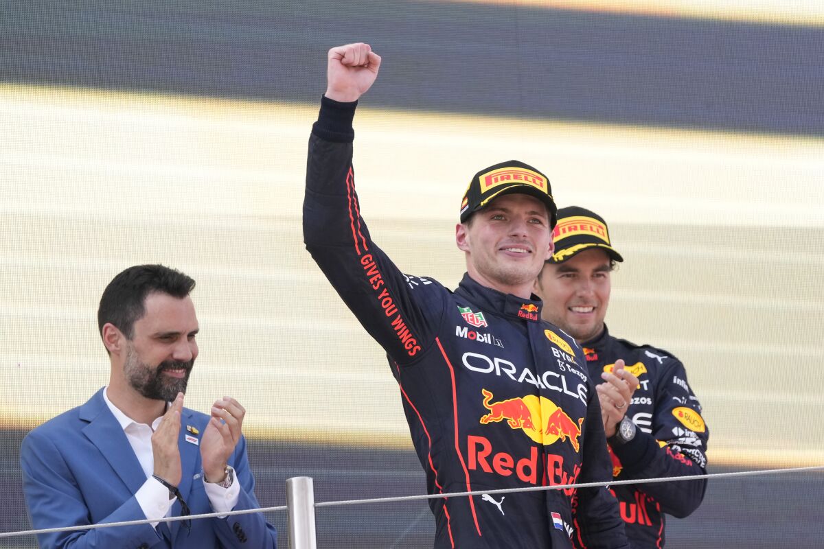 Formula One Grand Prix driver Max Verstappen raises a fist in celebration