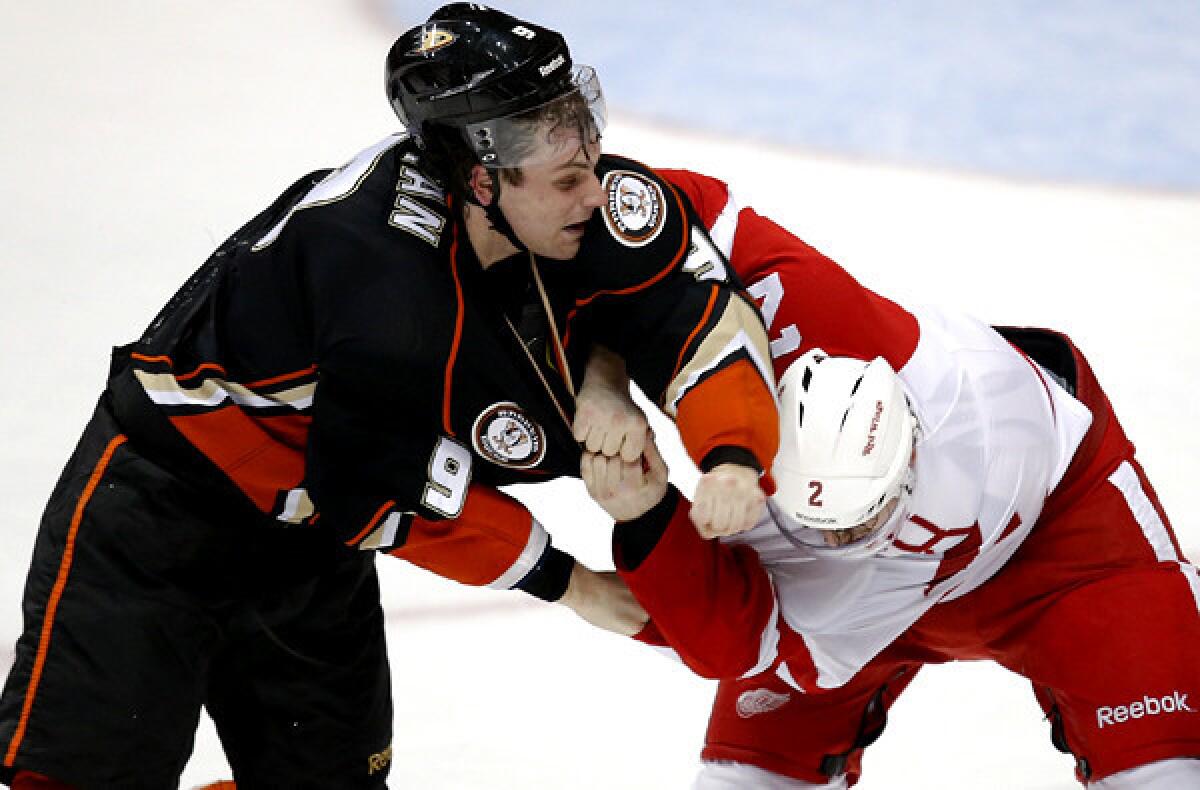 Ducks winger Bobby Ryan squares off with Red Wings defenseman Brendan Smith when the teams last met in March.