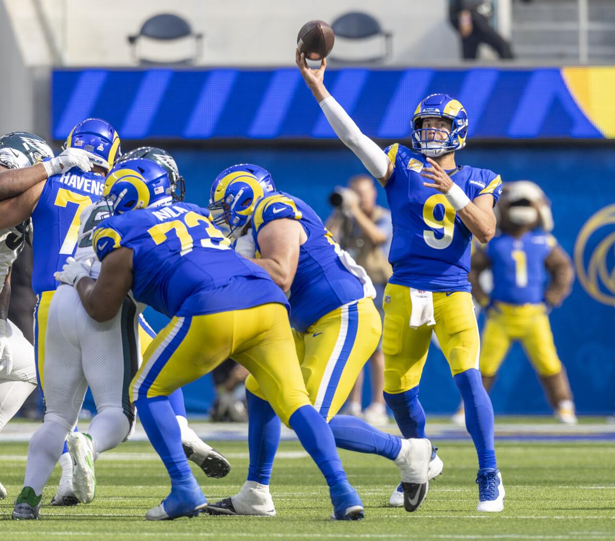 Rams quarterback Matthew Stafford throws under pressure during the second half of a 23-14 loss.