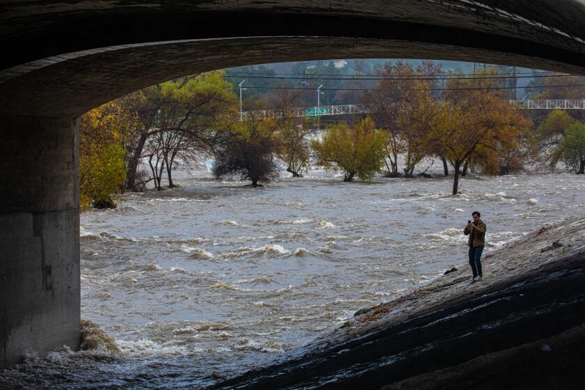 Atwater, CA - January 05: A man takes a closer look at rain-swollen LA River raging under Glendale Blvd. on Thursday, Jan. 5, 2023 in Atwater, CA. (Irfan Khan / Los Angeles Times)