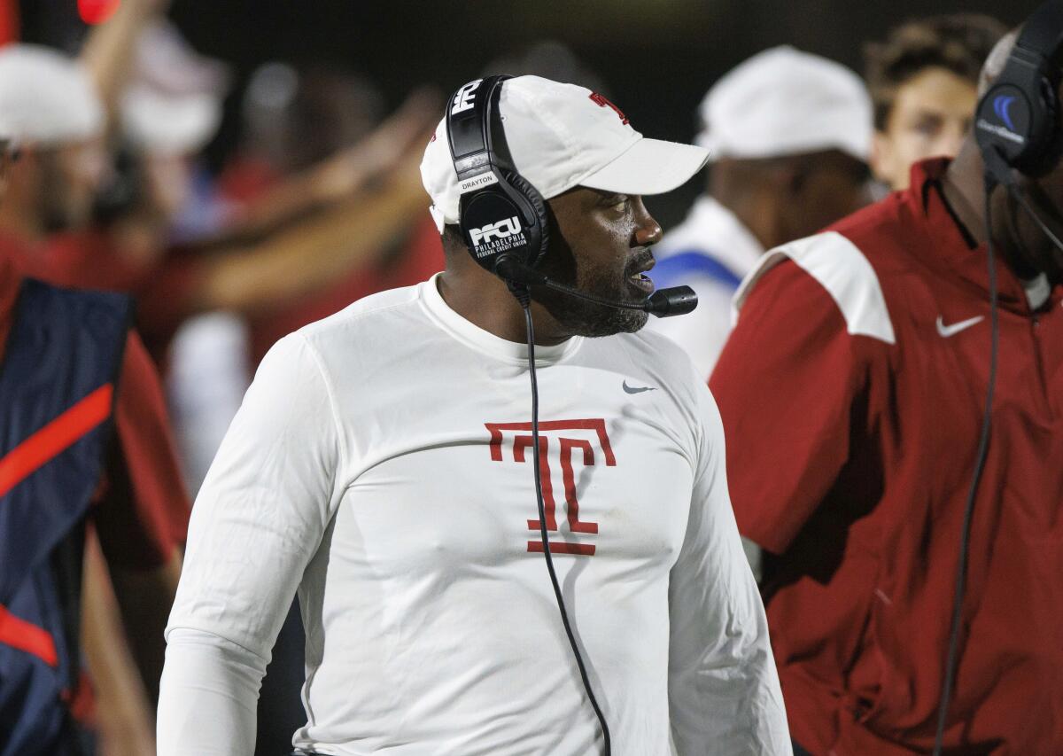 Temple head coach Stan Drayton looks toward the field during the first half of an NCAA college football game against Duke in Durham, N.C., Friday, Sept. 2, 2022. (AP Photo/Ben McKeown)