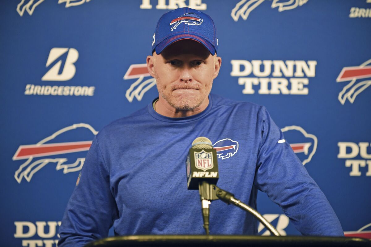 FILE - Buffalo Bills head coach Sean McDermott listens to a question after an NFL wild-card playoff football game against the Houston Texans Saturday, Jan. 4, 2020, in Houston. The Bills have signed coach McDermott to a multi-year contract extension. A person with direct knowledge told the Associated Press the contract is a four-year extension that runs through the 2025 season. The person spoke on the condition of anonymity because the Bills have not released that information. McDermott had two years remaining on his original deal. (AP Photo/Eric Christian Smith, file)
