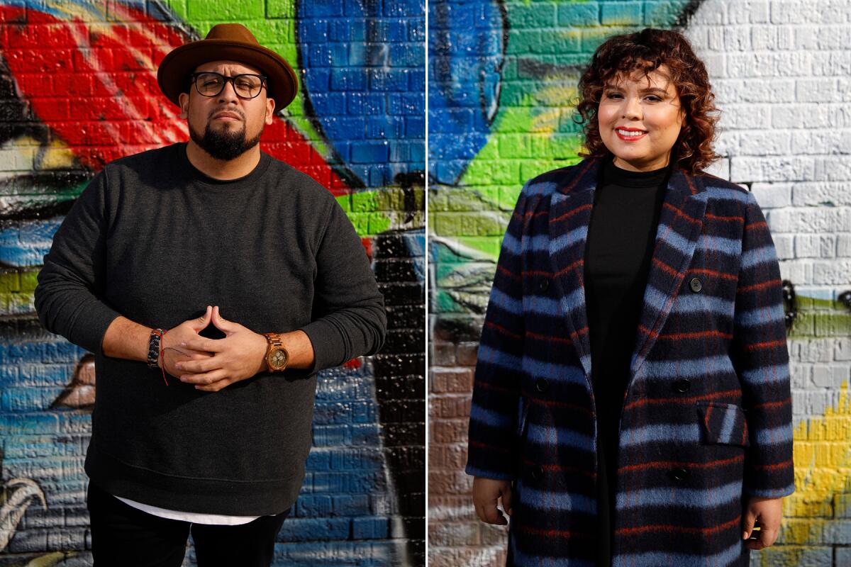 Side-by-side images show Marvin Lemus and Linda Yvette Chávez against a colorful mural  