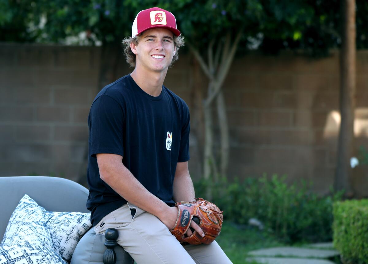 Newport Harbor High  pitcher Will O'Neil at his Newport Beach home.