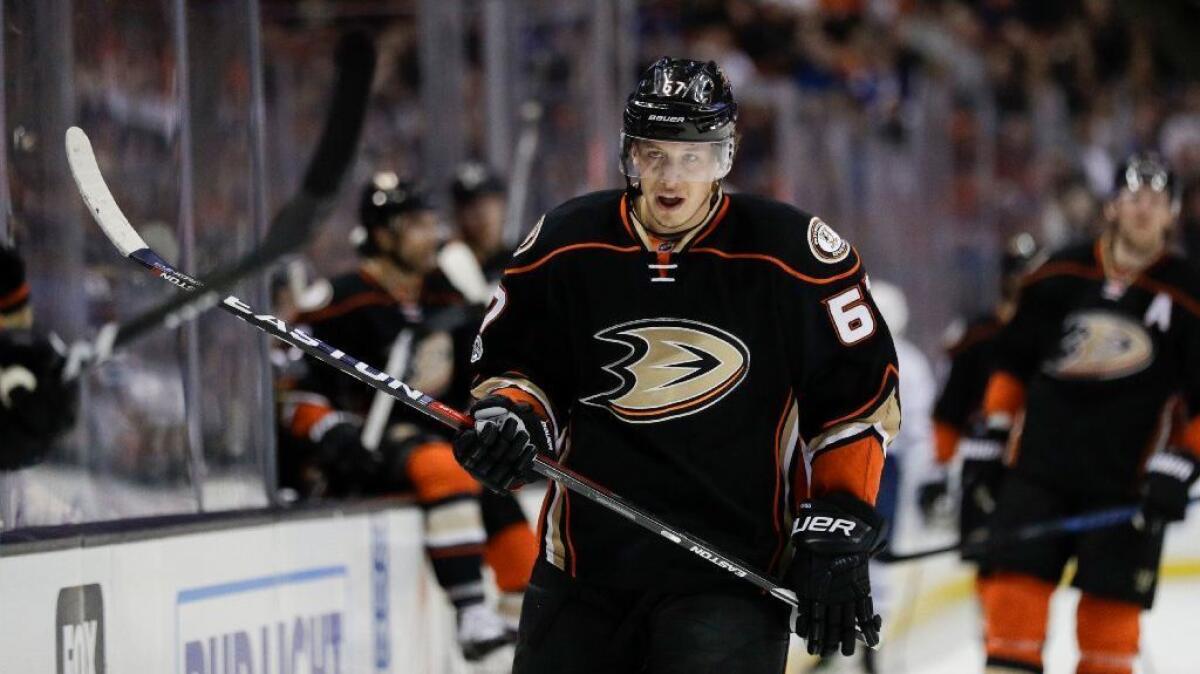 Ducks center Rickard Rakell had two goals against the Maple Leafs in Anaheim's 5-2 victory over Toronto on March 3 at Honda Center.