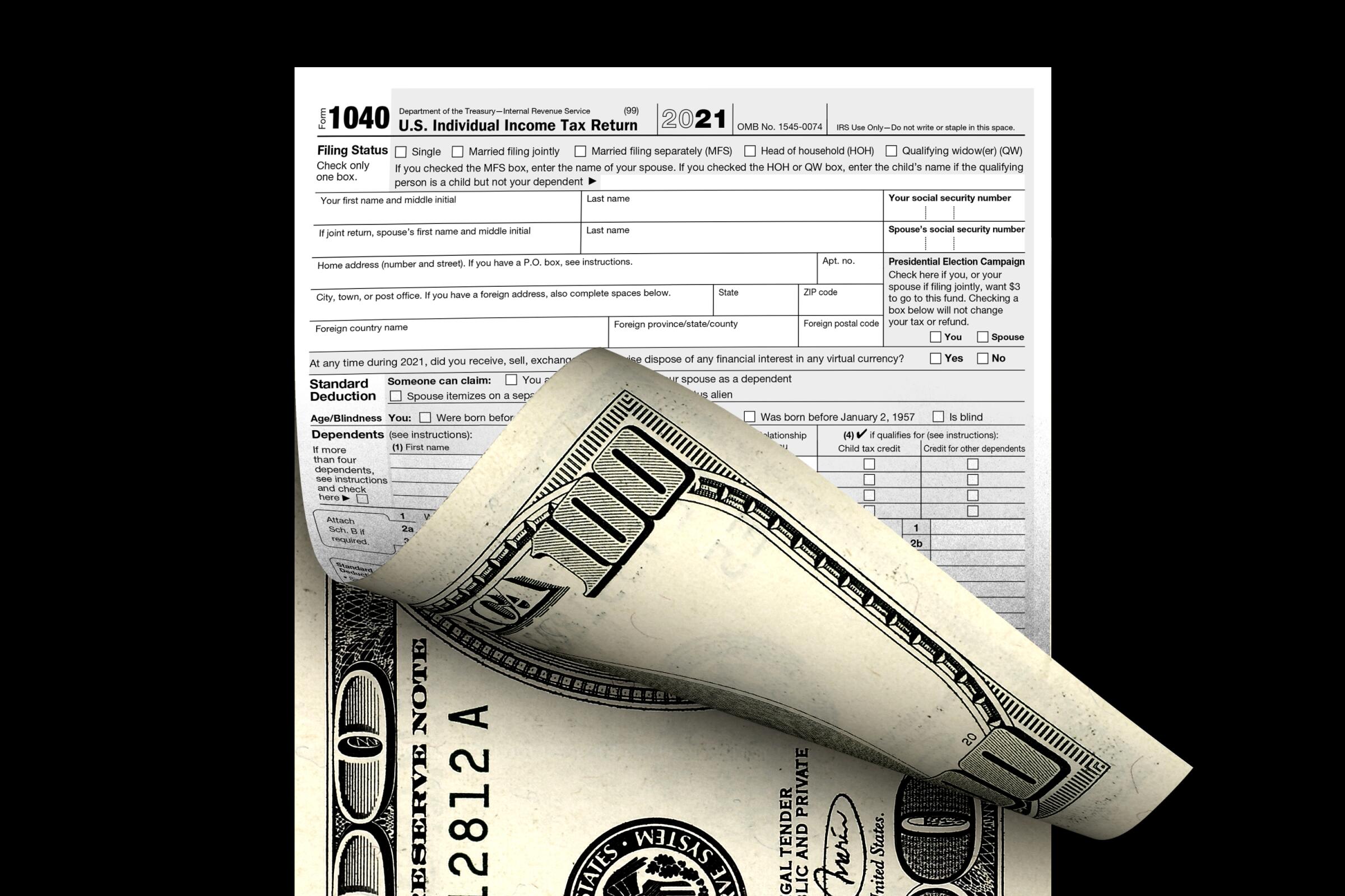 photo illustration of a 1040 form with money showing behind it.