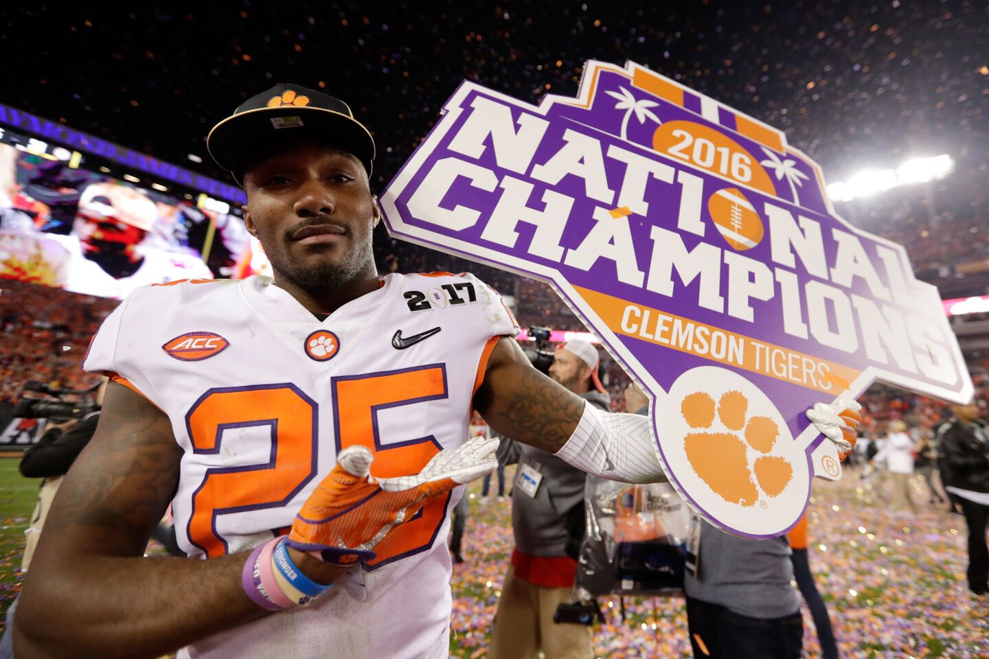 Clemson cornerback Cordrea Tankersley celebrates afterthe Tigers defeated the Alabama Crimson Tide, 35-31, to win the College Football Playoff national championship game.
