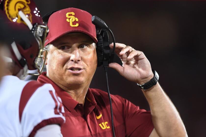PALO ALTO, CALIFORNIA SEPTEMBER 8, 2018-USC head coach Clay Helton during a game against Stanford at Stanford Stadium Saturday. (Wally Skalij/Los Angeles TImes)