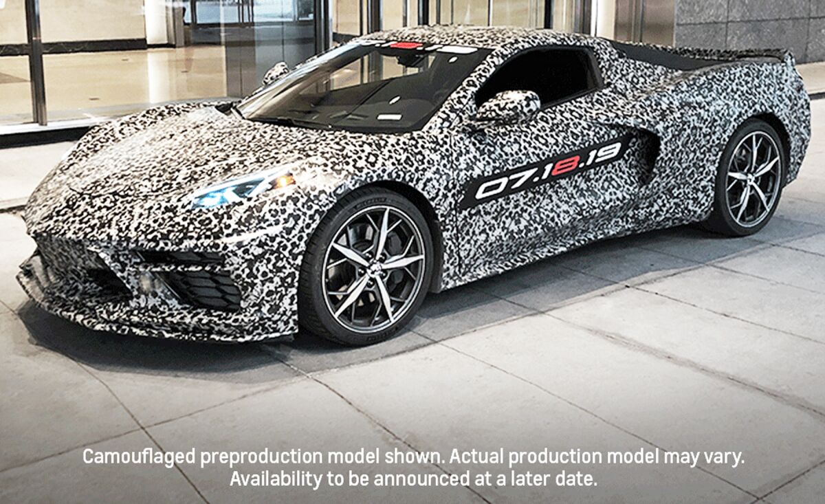 Front view of camouflaged C8 Corvette in NYC