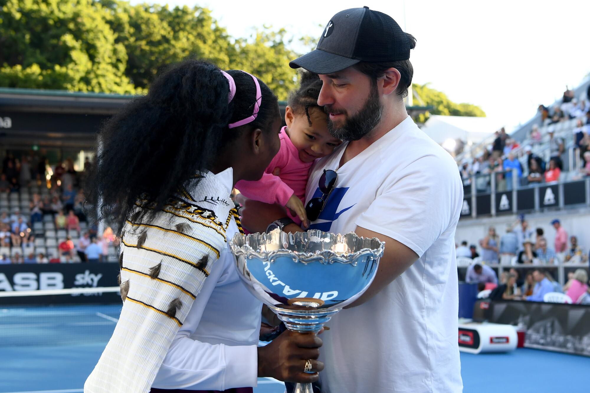 Serena Williams is joined by husband Alexis Ohanian and daughter Alexis Olympia after she won the ASB Classic on Jan. 12 in Auckland, New Zealand.