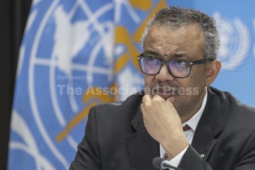 Tedros Adhanom Ghebreyesus, Director General of the World Health Organization (WHO), speaks to journalists during a press conference about the Global WHO on World Health Day and the 75th anniversary at the World Health Organization (WHO) headquarters in Geneva, Switzerland, Thursday April 6, 2023. (Martial Trezzini/Keystone via AP)