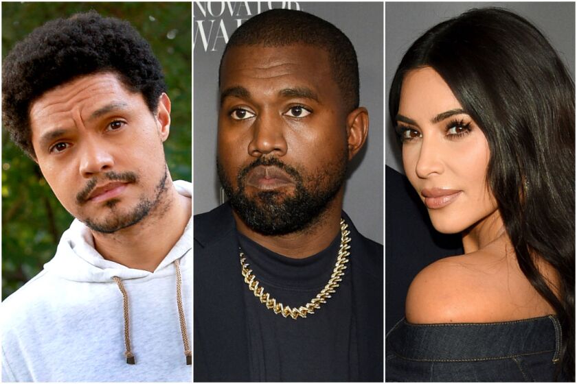 (L-R) Trevor Noah, Kanye West, and Kim Kardashian