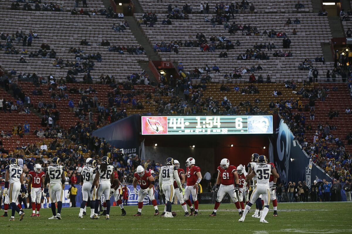 A sparse crowd watches the final minutes of the Rams' 44-6 loss to the Cardinals at the Coliseum on Sunday.