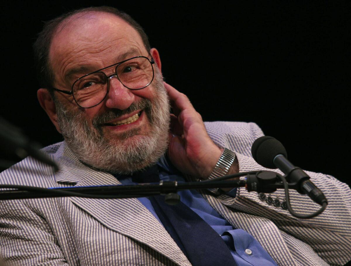 Umberto Eco smiles as he is interviewed in front of an audience during a reading series event at the 92nd Street Y in New York, Monday, June 6, 2005.