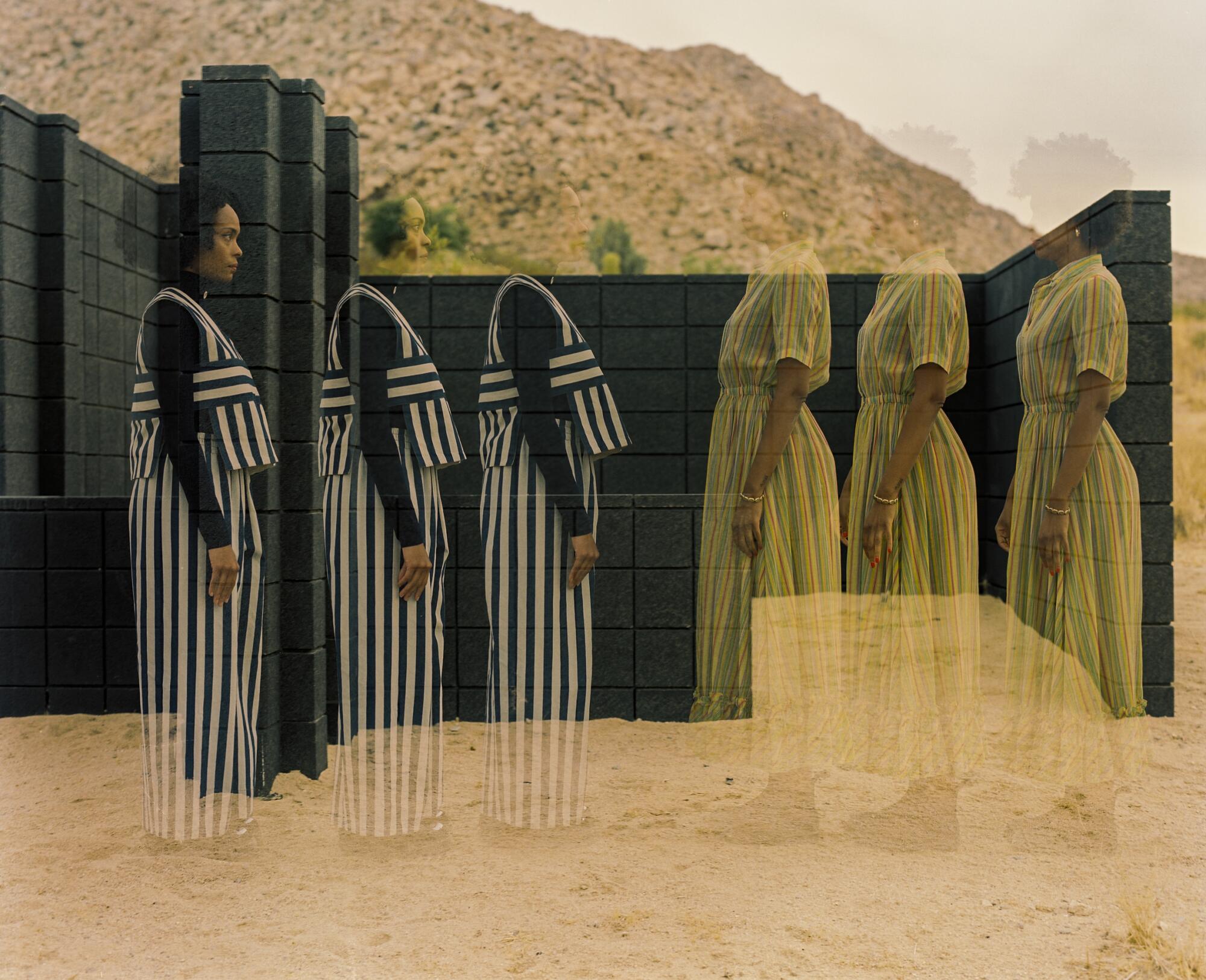 Multiple exposures create triplicates of two women in the desert.