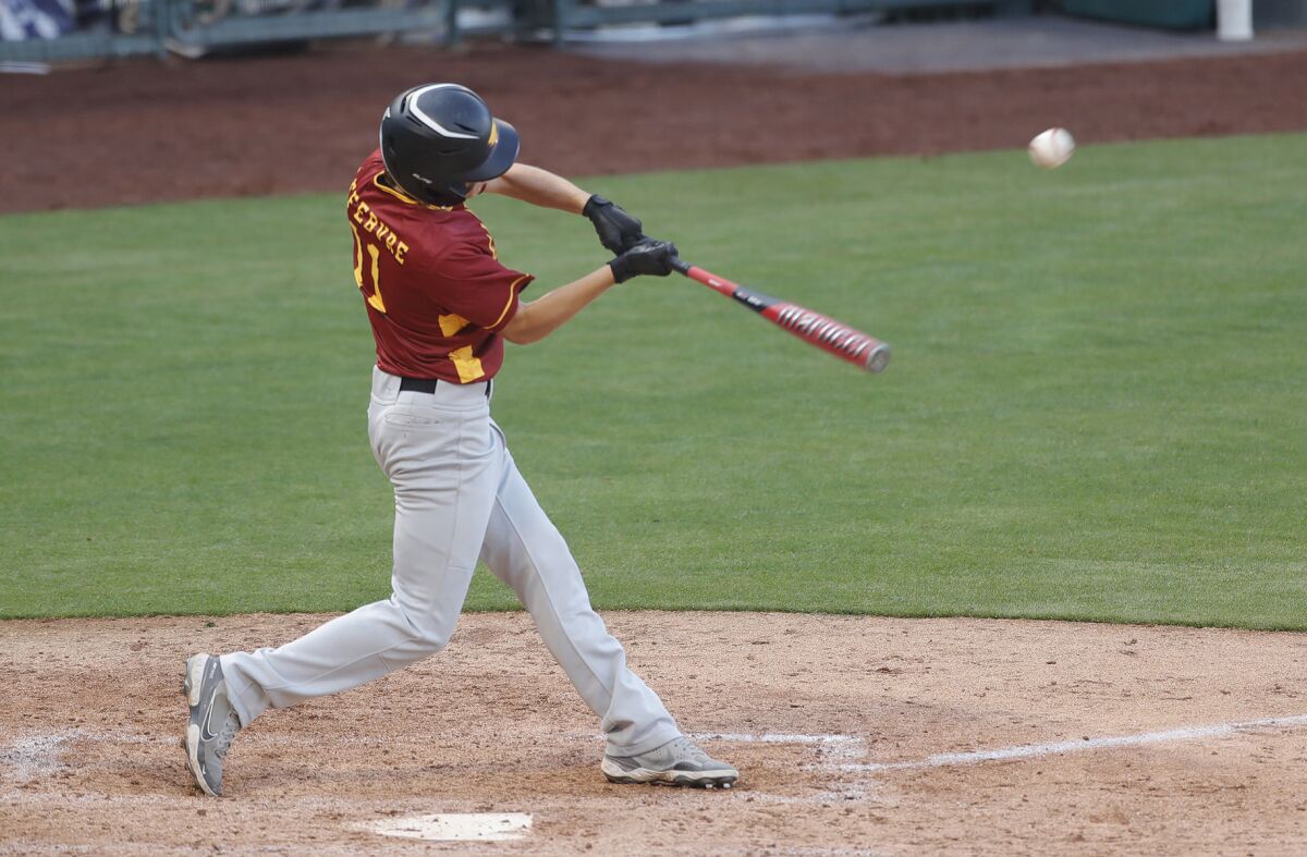 Estancia's Cole Lefebvre shown at a game in March 2022, had three hits against Costa Mesa in a league game Tuesday.