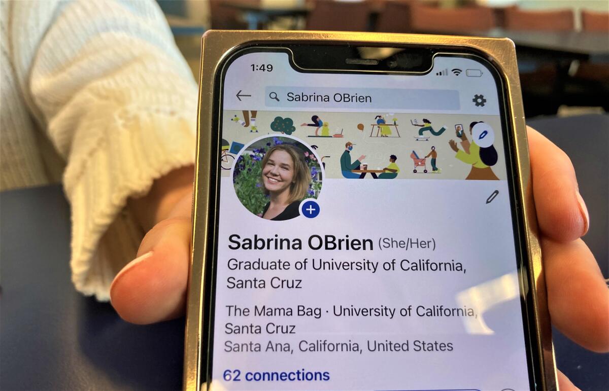 OCC student and former UC Santa Cruz grad Sabrina O'Brien shows off her profile on LinkedIn.com.