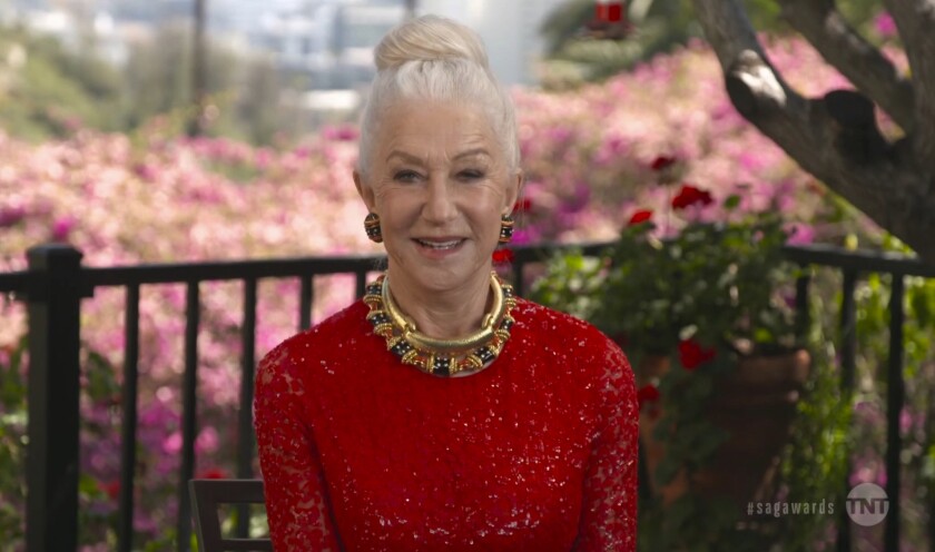 In this video grab provided by the SAG Awards, Helen Mirren presents the award for outstanding performance by a cast in a motion picture during the 27th annual Screen Actors Guild Awards on April 4, 2021. (SAG Awards via AP)